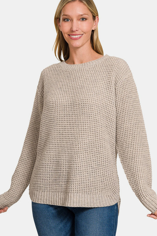 High Low Long Sleeve Knit Waffle Sweater