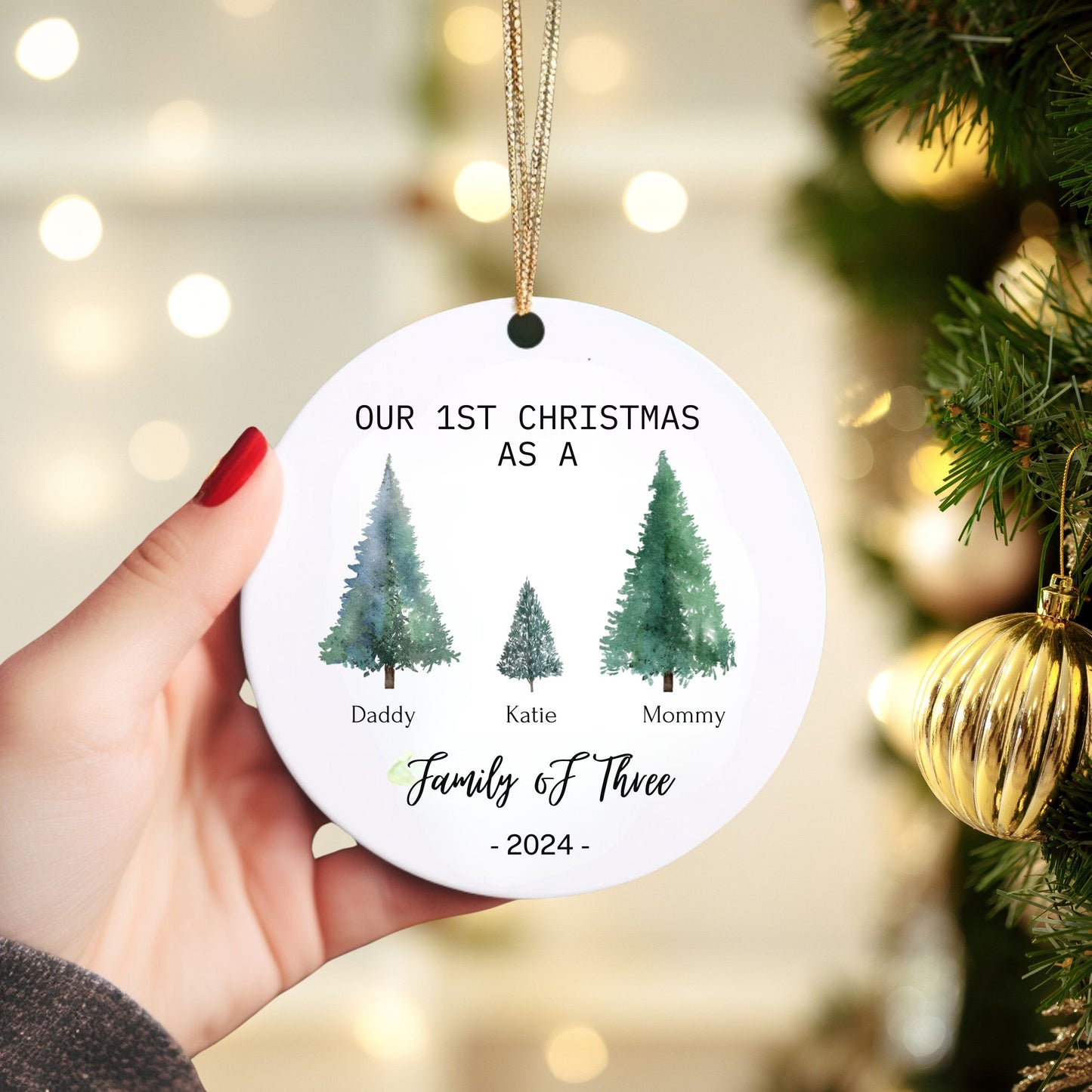 Family of Three Personalized Christmas Ornament – Baby’s First Christmas Keepsake