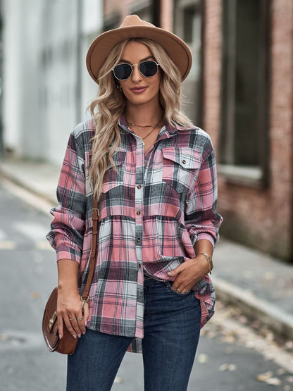 Plaid Button Up Dropped Shoulder Shirt