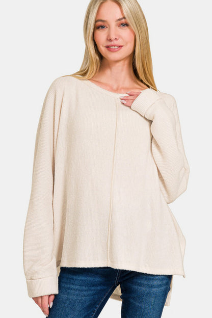 High-Low Side Slit Round Neck Long Sleeve Shirt